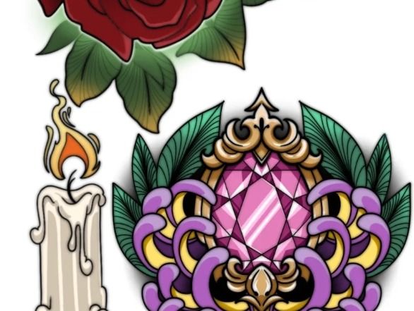Candle and gem tattoo flash design by Jade, Dallas